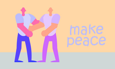 lat vector illustration of two men in a friendly embrace, symbolizing peace, friendship, and reconciliation. The words 