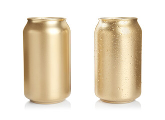 Aluminium cans of beverage on white background