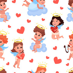 Cute Baby Angels with Nimbus and Wing Vector Seamless Pattern