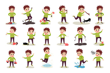 Naughty Boy Jumping in Puddle and Breaking Toy Car Vector Illustration Set