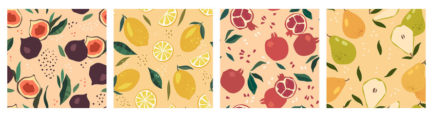 Set of modern vector seamless patterns with fruits. Trendy abstract design. Hand drawn textures for printing on fabric, paper, cover, interior decor, posters.