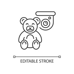 Keeping kids safely with security camera linear icon. Alerting about suspicious activity at home. Thin line customizable illustration. Contour symbol. Vector isolated outline drawing. Editable stroke