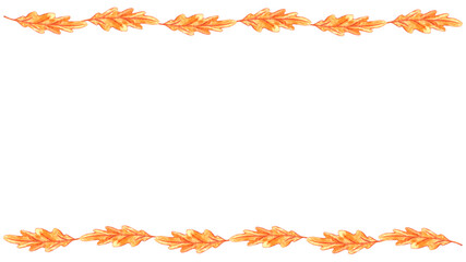 Backgrounds, watercolor autumn frame made of hand drawn autumn oak leaves. Horizontal top and bottom edging, border, decoration for seasonal design, thanksgiving theme and happy fall