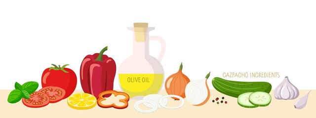 Tomato soup. Set of foods to make gazpacho. Culinary course poster concept. Vegetables for recipe poster for restaurant menu or cooking recipe template. Vector for wall art decor, culinary school.