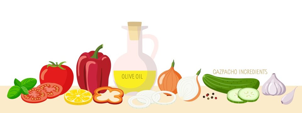 Tomato soup. Set of foods to make gazpacho. Culinary course poster concept. Vegetables for recipe poster for restaurant menu or cooking recipe template. Vector for wall art decor, culinary school.