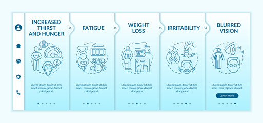 Diabetes illness onboarding vector template. Responsive mobile website with icons. Web page walkthrough 5 step screens. Fatigue and weight loss color concept with linear illustrations