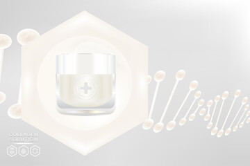 Beauty product ad design, a white cosmetic container with collagen solution advertising background ready to use, luxury skincare banner, illustration vector.