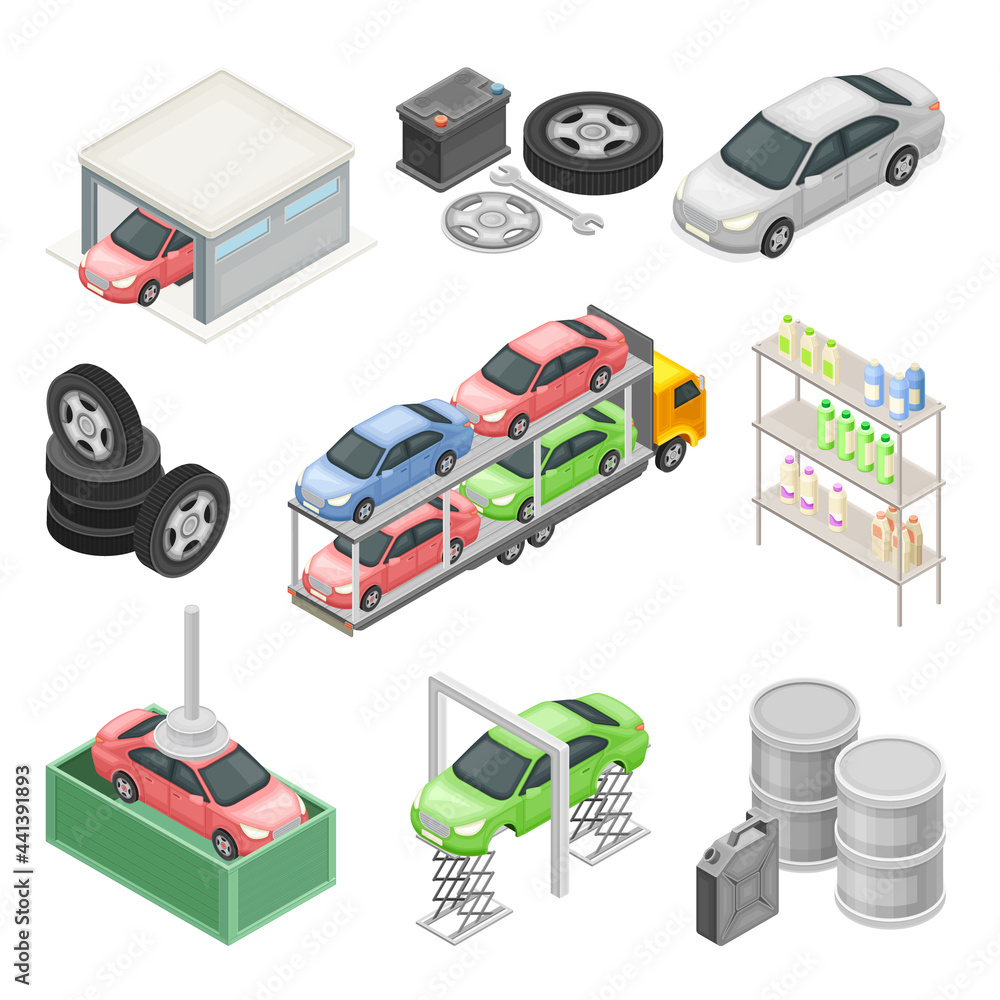 Poster car or motor vehicle service with operation and maintenance procedure isometric vector set