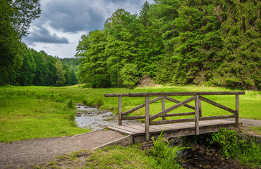 Fototapeta na wymiar Holzbrücke über einem Bach in einem Tal