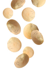 Fototapeta premium Many lentils falling on white background. Vegan diet