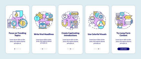 Viral content creation tips onboarding mobile app page screen. Trending topics walkthrough 5 steps graphic instructions with concepts. UI, UX, GUI vector template with linear color illustrations