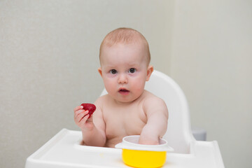 the first feeding. Little girl tastes strawberries for the first time. A small child sits in a highchair and eats.