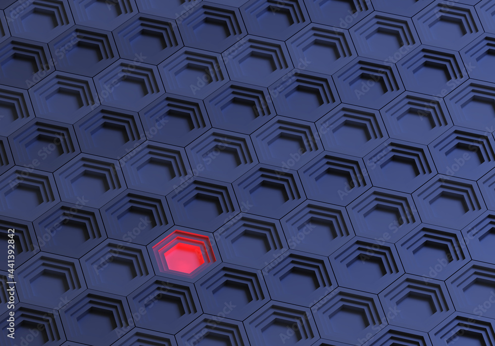 Poster abstraction with hexagons. texture of hexagons is violet-blue. same type of depressions with hexagon