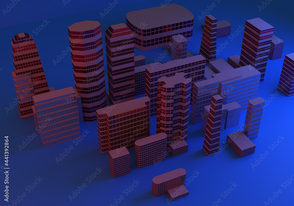 Poster multi-storey buildings top view. building models top view. models of buildings on a blue background.