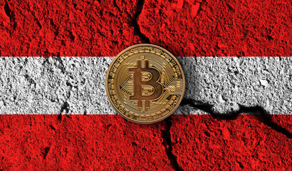 Bitcoin crypto currency coin with cracked Austria flag. Crypto restrictions