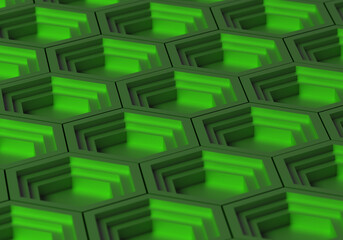 Green geometric background. Pattern with geometric shapes. Background with hexagons. 3d background...