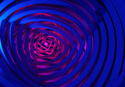 Background on the theme of gyometry. Dark blue pattern with gradient. Tunnel background. Texture symbolizes infinity. Tunnel background with a planet in distance. Texture on abstract theme. 3d image - Powered by Adobe