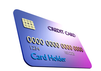 Fototapeta premium Credit card is floating in air. Purple Credit card over white background. Abstract bank credit card front side. Concept of banking services. Use of banking services and loans. 3d visualization