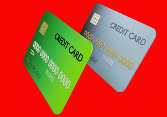 Credit cards over red background. Two credit cards close up. Credit card layouts without bank logos. The concept of loan facilities and services. Bank loan facilities. 3d rendering.