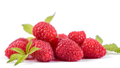 Ripe raspberries with raspberry leaf isolated on a white background