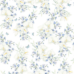 Beautiful watercolor pattern with orchid end blue flowers .
