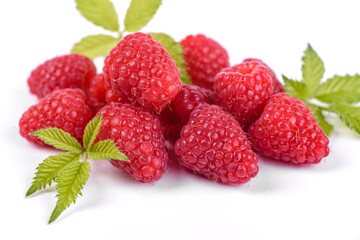 Ripe raspberries with raspberry leaf isolated on a white background