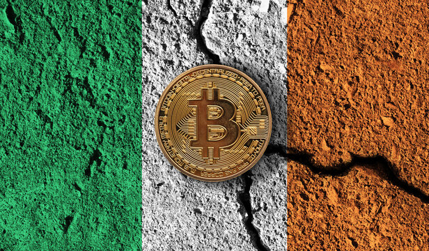 Bitcoin crypto currency coin with cracked Ireland flag. Crypto restrictions - Powered by Adobe