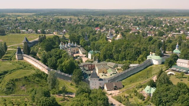 Aerial view of Pskov-Pechory Monastery in Russia