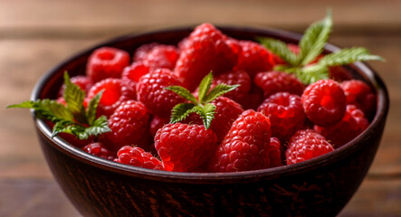 Delicious fresh juicy red raspberries on a dark table