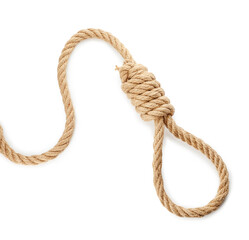 Rope noose with knot on white background, top view