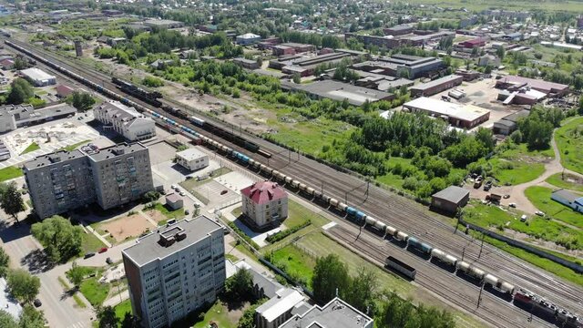 Aerial view of a moving freight train (Glazov, Udmurtia, Russia)