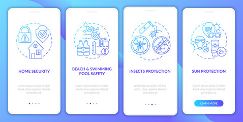 Fototapeta na wymiar Summer break safety onboarding mobile app page screen. Sun protection walkthrough 4 steps graphic instructions with concepts. UI, UX, GUI vector template with linear color illustrations