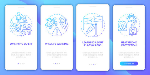 Naklejka premium Summer coast safety onboarding mobile app page screen. Wildlife warning walkthrough 4 steps graphic instructions with concepts. UI, UX, GUI vector template with linear color illustrations
