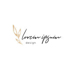 Hand drawn floral logo template. Simple vector branch with leaves.