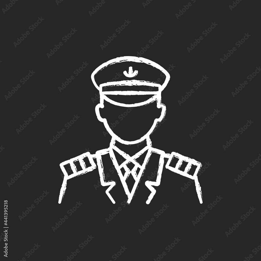 Poster male captain chalk white icon on dark background. person controling all cruise crew. providing best 