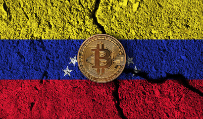 Bitcoin crypto currency coin with cracked Venezuela flag. Crypto restrictions