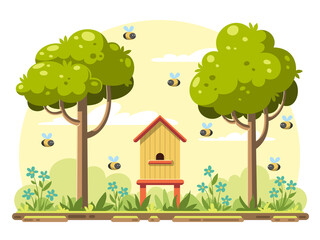 Beehive in green garden with swarm of bees. Vector illustration in modern cartoon style. 
