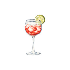 campari tonic glass cocktail in an elegant cup isolated on white background. continuous line drawing doodle minimalist design