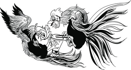 Fototapeta premium Thai Fighting chiken cartoon.Hen and Chicken are Hit the drum.