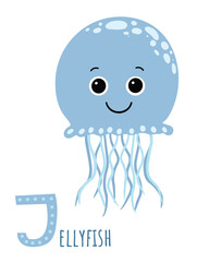 Cute blue jellyfish. Cartoon style. Vector isolated on white background.