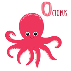 Cute red octopus with sign. O letter learning. Cartoon style. Vector isolated on white background.