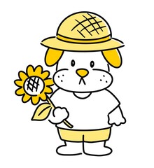 麦わら帽子をかぶってひまわりを持つ犬