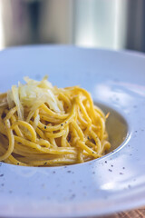 Spaghetti with pepper and cheese, cacio e pepe, tonnarelli, Italian pasta