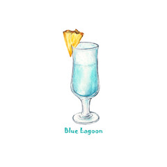 blue lagoon glass cocktail in an elegant cup isolated on white background. continuous line drawing doodle minimalist design