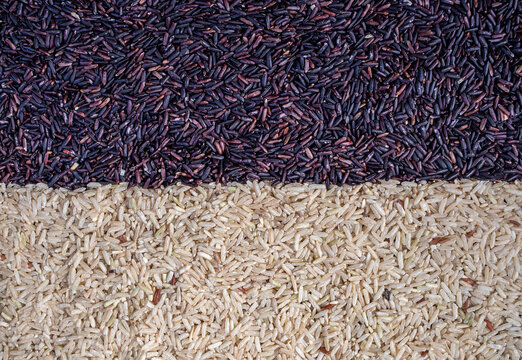 Close up raw brown rice and riceberry rice.