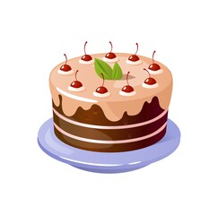 Cake icon with colorful decor isolated on white background. Cartoon sweet cake with pink cream, chocolate on the plate. Vector illustration. Flat style delicious pie for Birthday card, party, event.