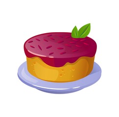 Cheesecake icon glazed with raspberries and leaf decor. Cartoon sweet pie vector illustration. Flat style delicious cake for Birthday card, party invitation, game design
