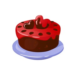 Chocolate cake icon glazed with strawberries and heart decor. Cartoon sweet pie vector illustration. Flat style delicious cake for Valentine's day, Birthday card, party invitation, game design
