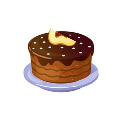 Chocolate cake icon with delicious decor. Cartoon sweet pie vector illustration. Flat style delicious cake for Valentine's day, Birthday card, party invitation, game design