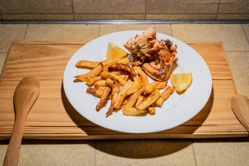 Homemade grilled chicken served on a ceramic white plate with with rustic fried potatoes and sauce. Isolated over wooden board.